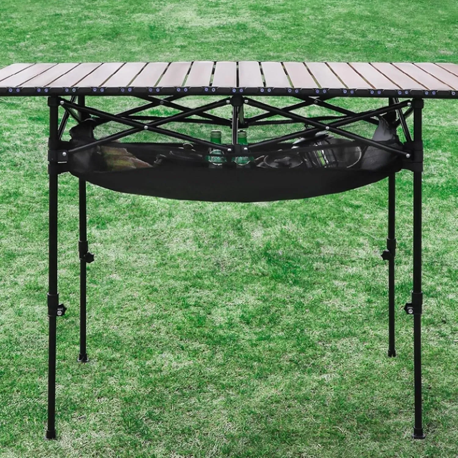 Folding Camping Table Portable Made of Carbon Steel Adjustable Height, with Storage Net Pocket for Outdoor, Camping, Beach(Brown,53 * 50cm)
