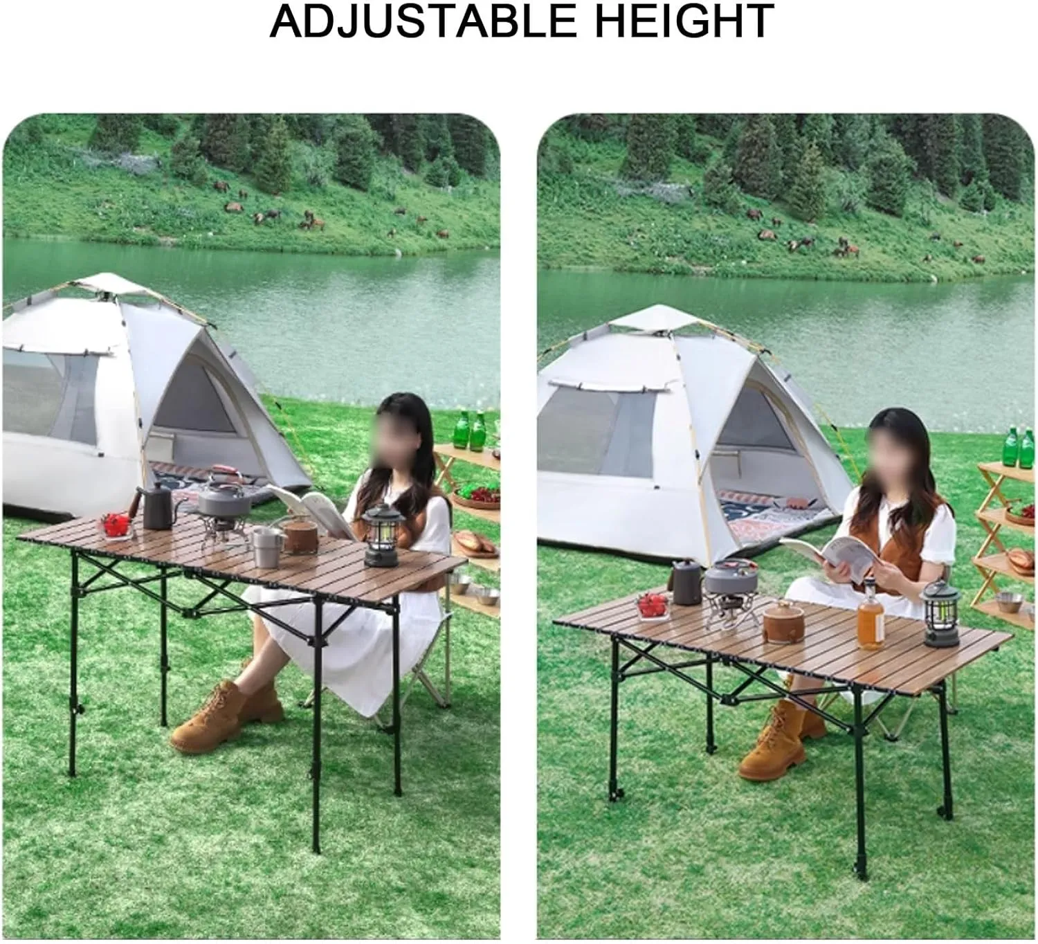 Folding Camping Table Portable Made of Carbon Steel Adjustable Height, with Storage Net Pocket for Outdoor, Camping, Beach(Brown,53 * 50cm)