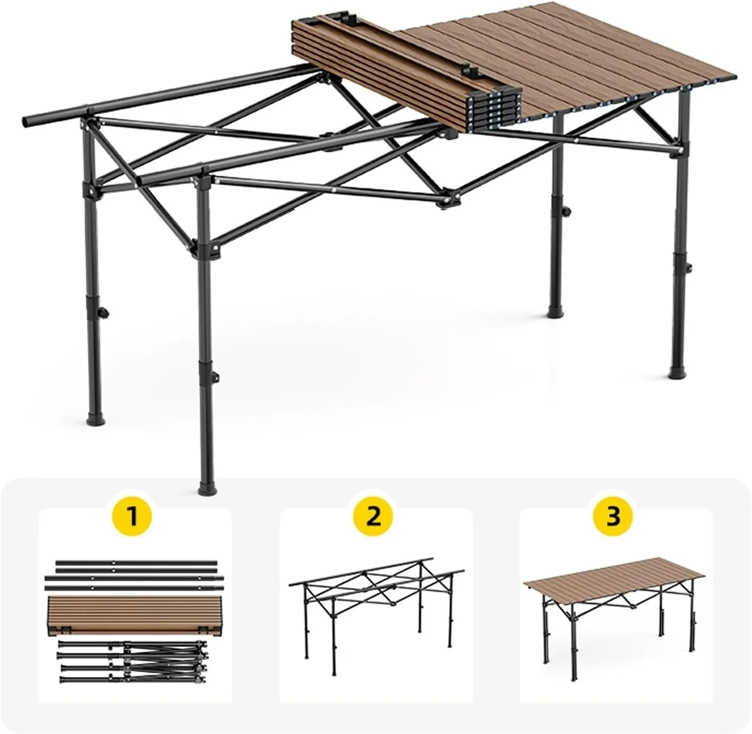 Folding Camping Table Portable Made of Carbon Steel Adjustable Height, with Storage Net Pocket for Outdoor, Camping, Beach(Brown,53 * 50cm)