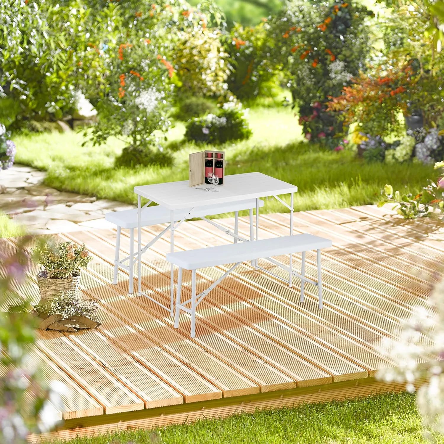 Folding Garden Table, Height 74 x 120 x 60 cm, Plastic, Steel, Height Adjustable, 6 People, Camping Table, White