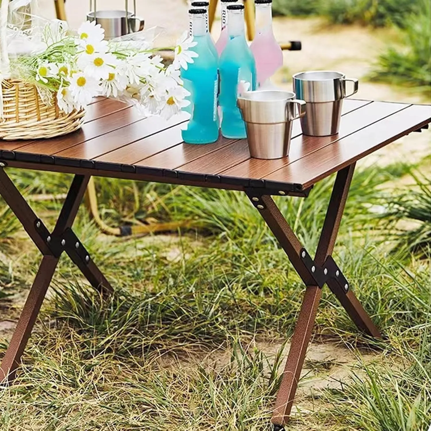 Folding Table Picnic Camping Table, Portable Roll Up Folding Dining Table, Lightweight Picnic Portable Table, for Travel Picnic Beach Party(Walnut,35.4 * 23.6 * 17.7in)