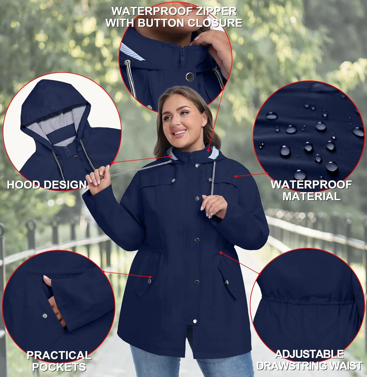 FOREYOND Plus Size Rain Jacket for Women with Hood Long Waterproof Windbreaker Outdoor Travel Trench Coats with Pockets
