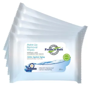 Fresh'n Soft Waterproof Make-Up Removal Wipes for Normal & Combination Skins, Macadamia Nut Oil, Chamomile Extract and Vitamin E, 5 Pack (125 Wipes)