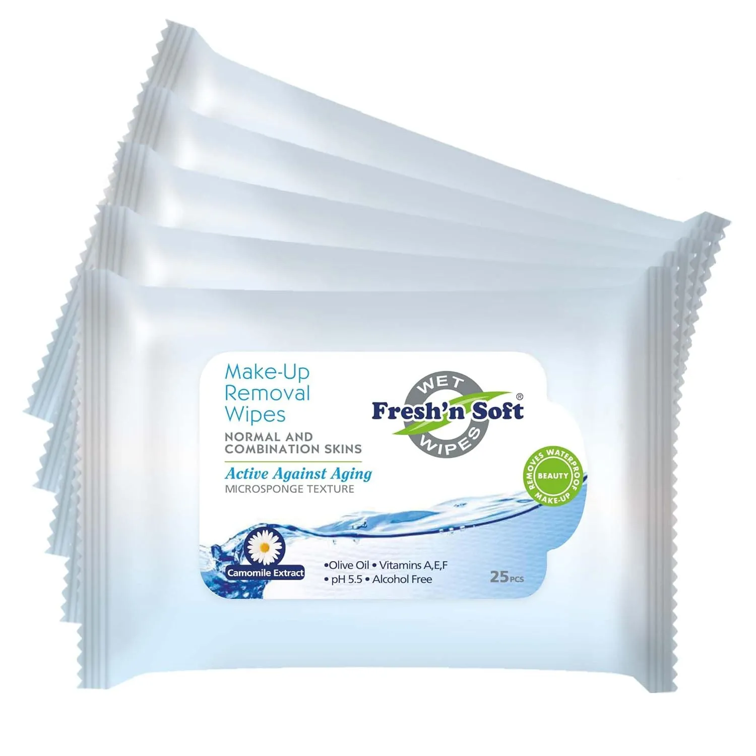 Fresh'n Soft Waterproof Make-Up Removal Wipes for Normal & Combination Skins, Macadamia Nut Oil, Chamomile Extract and Vitamin E, 5 Pack (125 Wipes)