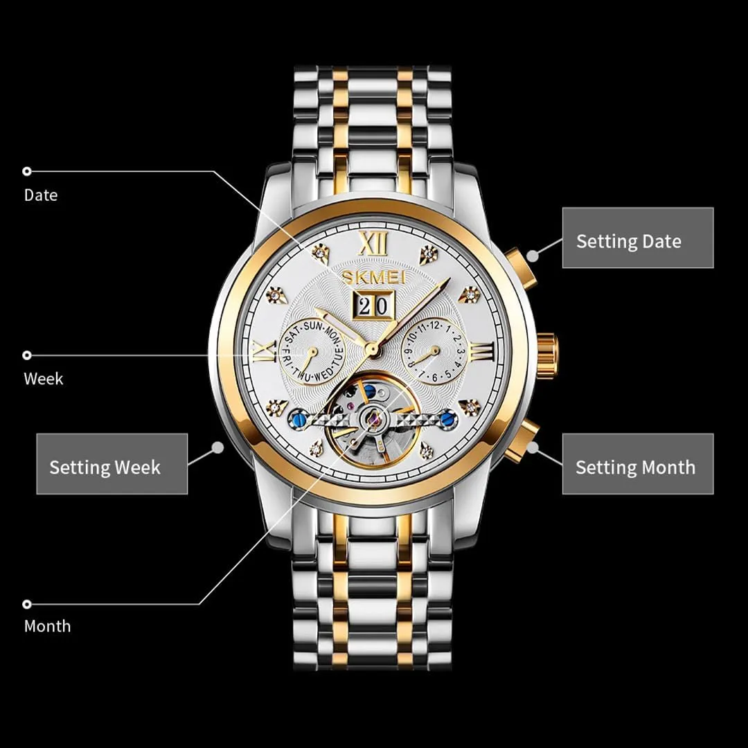 Fully Automatic Mechanical Watch with Tourbillon Hollow Movement, Multifunctional Display of Week, Calendar, Month, Men's Waterproof Luminous Mechanical Watch