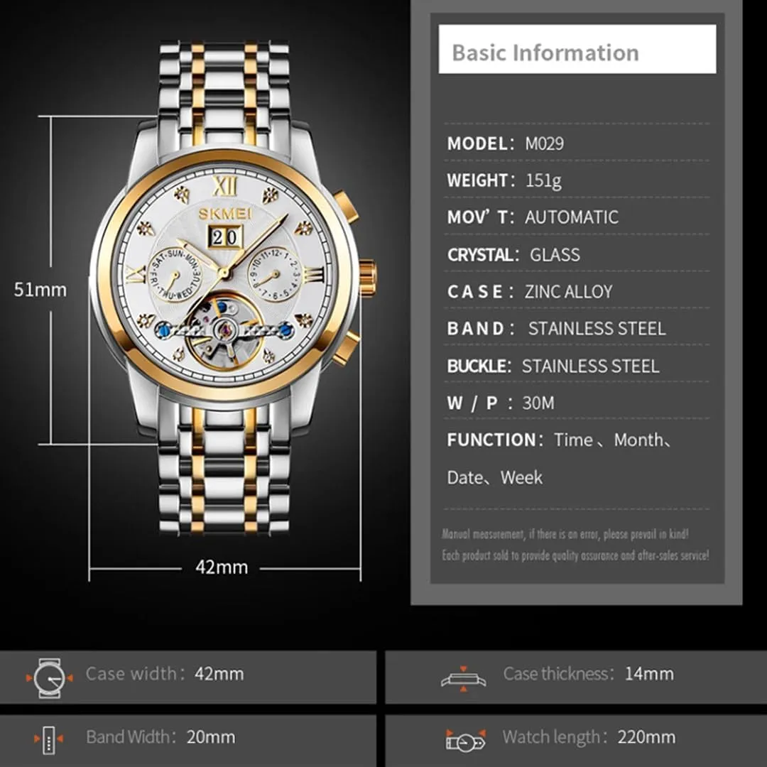 Fully Automatic Mechanical Watch with Tourbillon Hollow Movement, Multifunctional Display of Week, Calendar, Month, Men's Waterproof Luminous Mechanical Watch