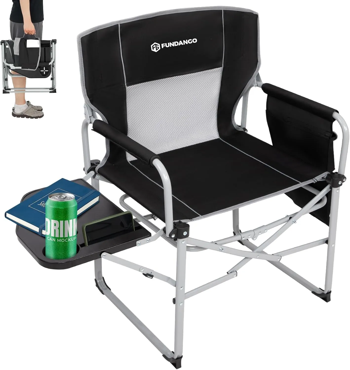 FUNDANGO Camping Chair with Side Table, Folding Lawn Director Chair with Side Bags, Portable Chair for Beach Fishing Picnic Lawn Outdoor