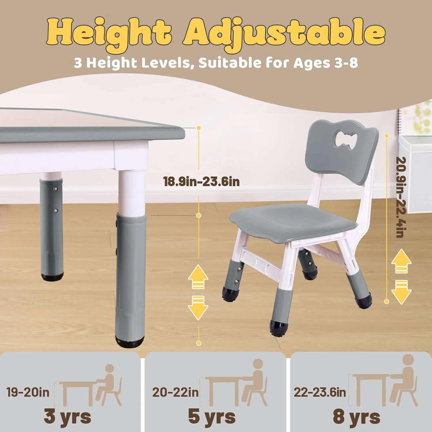 FUNLIO Kids Table and 2 Chairs Set for Ages 3-8, Height Adjustable Toddler Table and Chair Set, Easy to Wipe Arts & Crafts Table, for Classrooms/Daycares/Homes, CPC & CE Approved (3pcs Set) - Gray