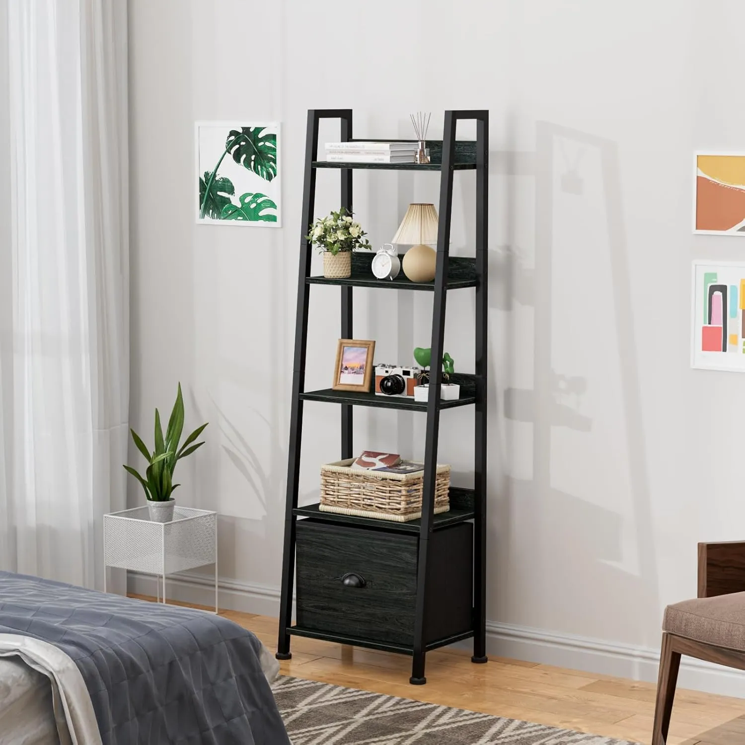 Furologee 5-Tier Ladder Shelf, Narrow Ladder Bookshelf with Drawer, 55.6”Tall Industrial Bookcase Storage Rack Organizer, Freestanding Storage Shelve for Living Room, Home Office, Bedroom, Black Oak