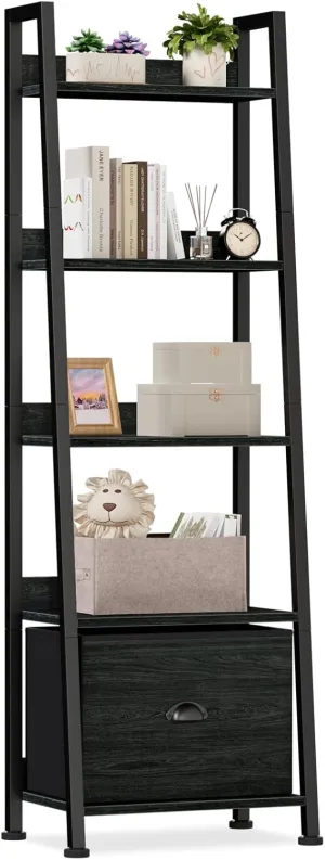 Furologee 5-Tier Ladder Shelf, Narrow Ladder Bookshelf with Drawer, 55.6”Tall Industrial Bookcase Storage Rack Organizer, Freestanding Storage Shelve for Living Room, Home Office, Bedroom, Black Oak