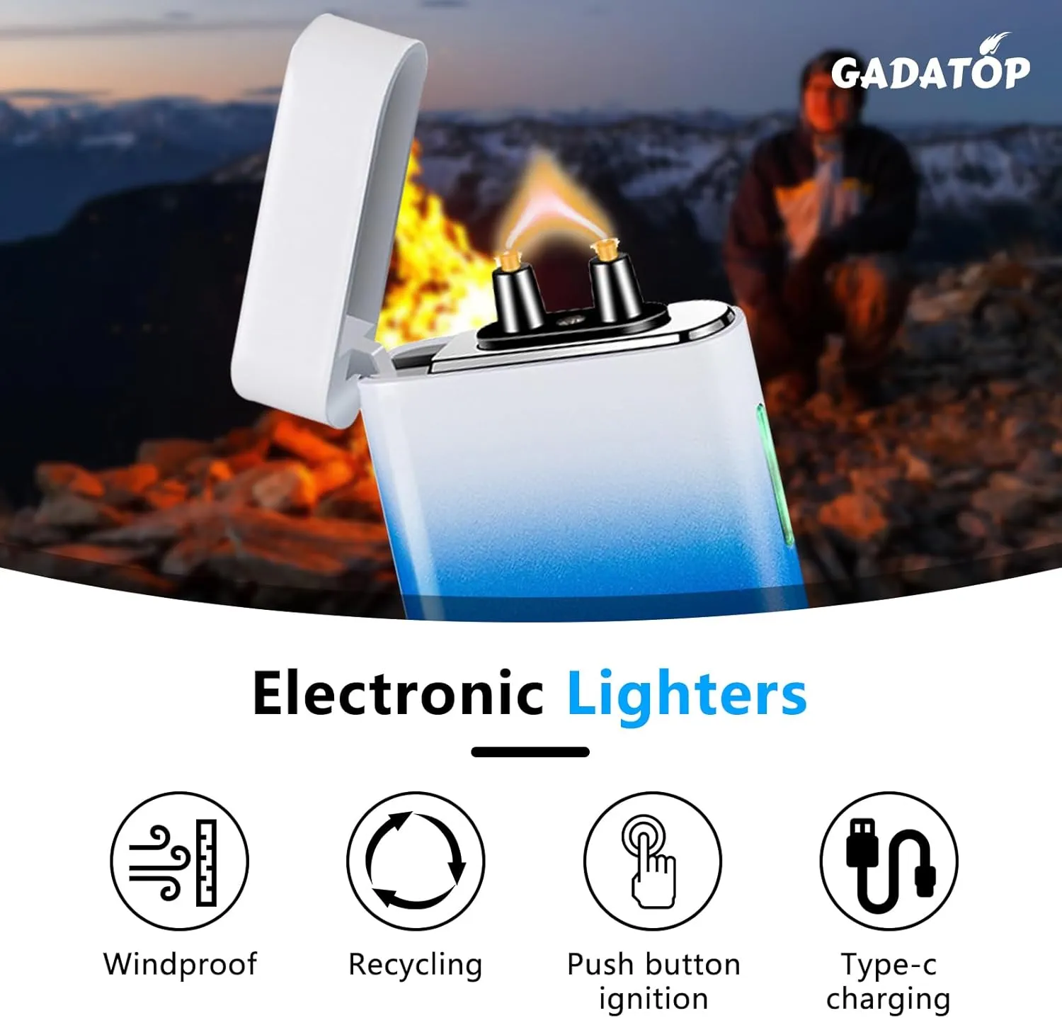 GADATOP Electric Lighter Rechargeable Lighter Arc Plasma Lighter Flameless Lighter Outdoor Windproof Lighter Colorful Gradient Lighter with Rhythmic Flashing Battery Indicator (White-Blue Gradient)