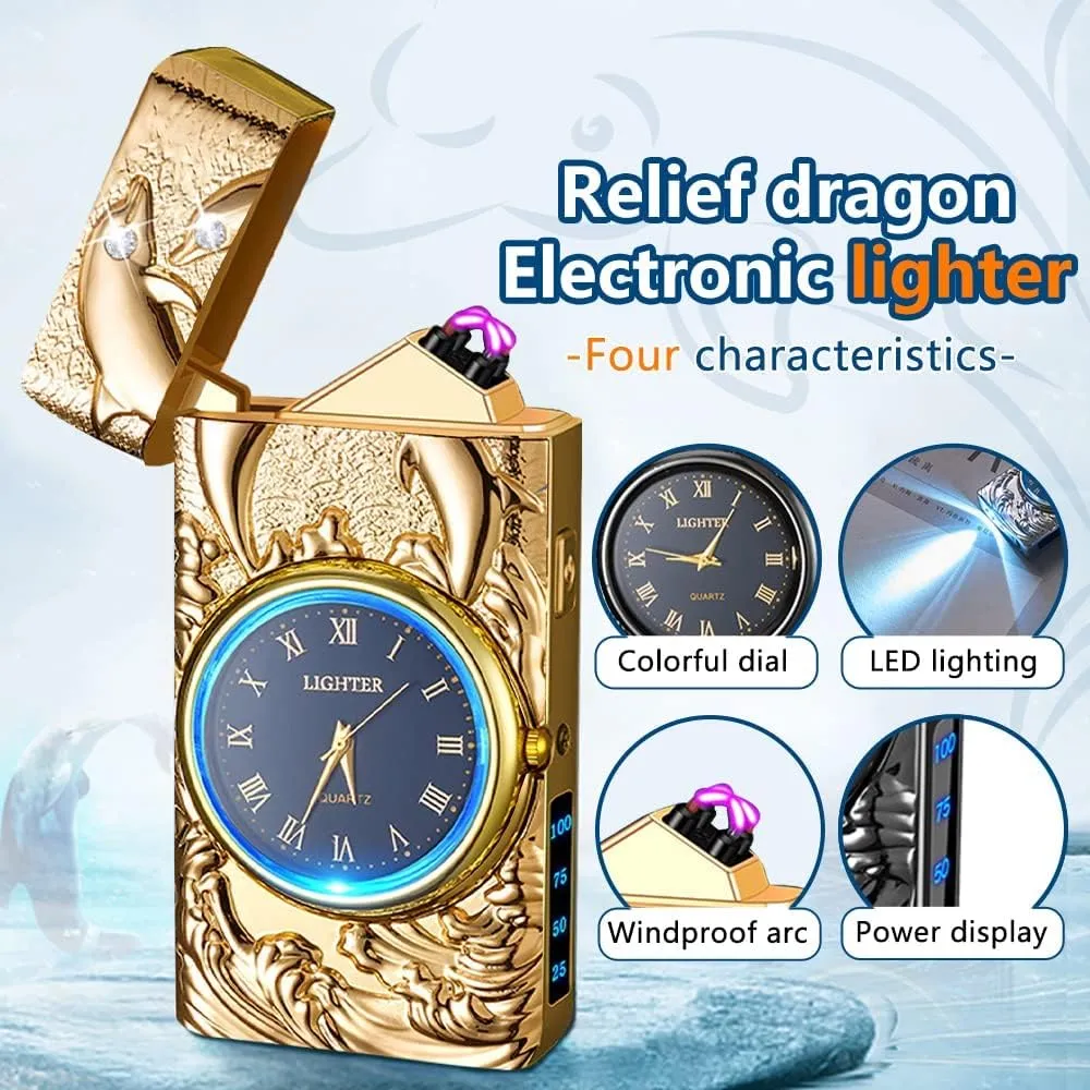 GADATOP Plasma Lighters Rechargeable Vintage Cool Design LED Light 3D Dolphin Clock Electric Lighters Rechargeable Outdoor Adventure Gear (Champagne Gold)