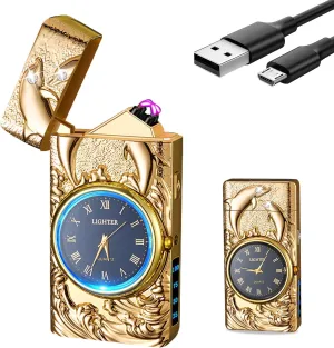 GADATOP Plasma Lighters Rechargeable Vintage Cool Design LED Light 3D Dolphin Clock Electric Lighters Rechargeable Outdoor Adventure Gear (Champagne Gold)