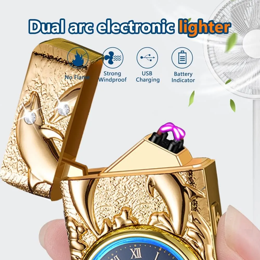 GADATOP Plasma Lighters Rechargeable Vintage Cool Design LED Light 3D Dolphin Clock Electric Lighters Rechargeable Outdoor Adventure Gear (Champagne Gold)