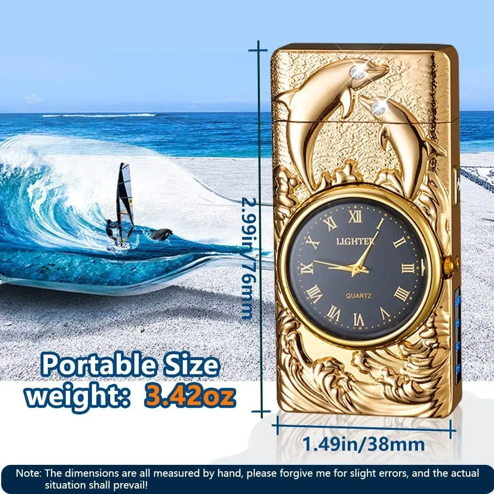 GADATOP Plasma Lighters Rechargeable Vintage Cool Design LED Light 3D Dolphin Clock Electric Lighters Rechargeable Outdoor Adventure Gear (Champagne Gold)