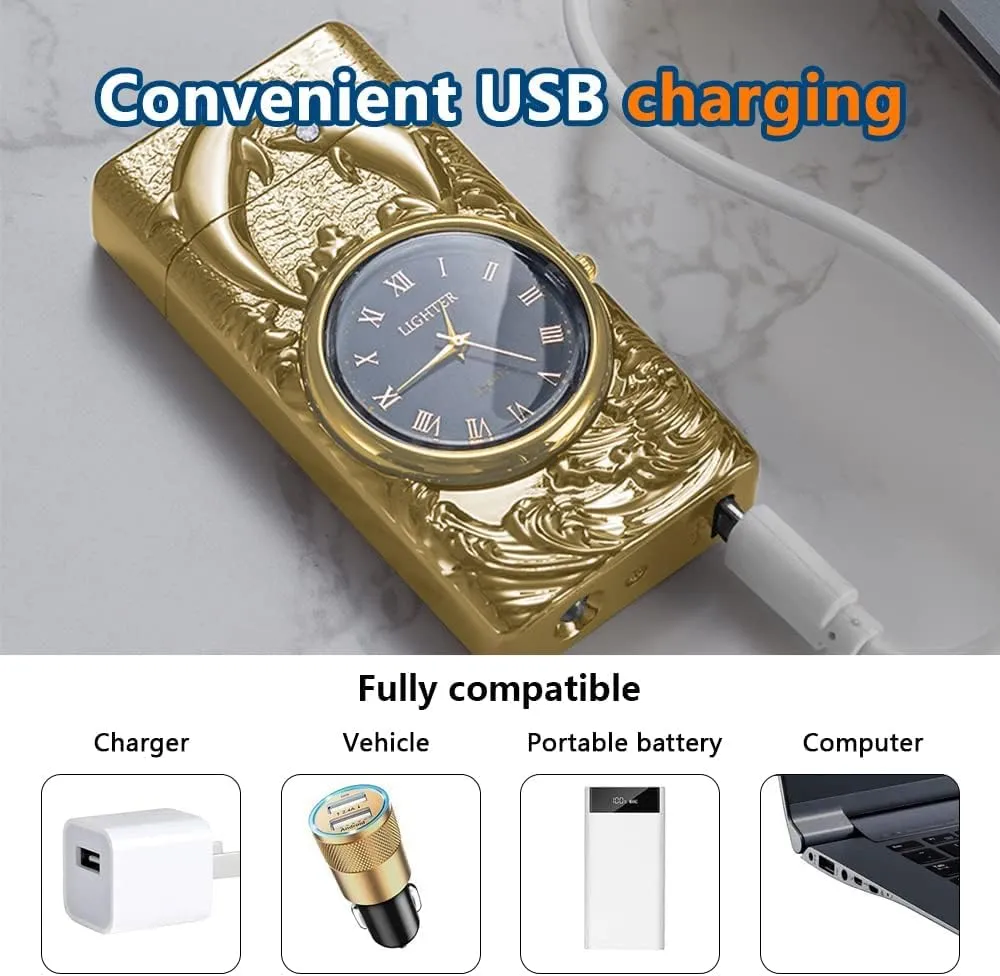 GADATOP Plasma Lighters Rechargeable Vintage Cool Design LED Light 3D Dolphin Clock Electric Lighters Rechargeable Outdoor Adventure Gear (Champagne Gold)