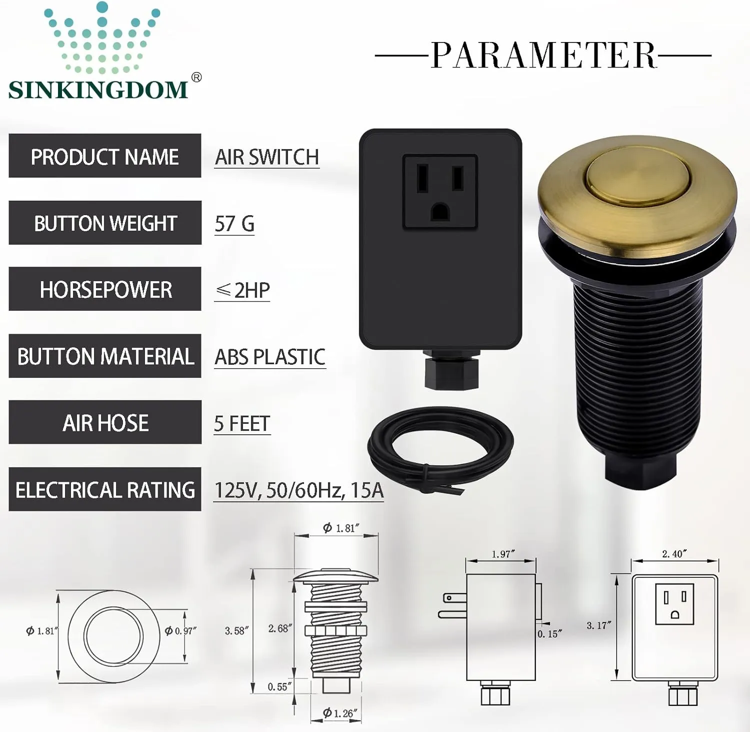 Garbage Disposal Air Switch Kit with with Long Button, Champagne Bronze (Brass Cover)