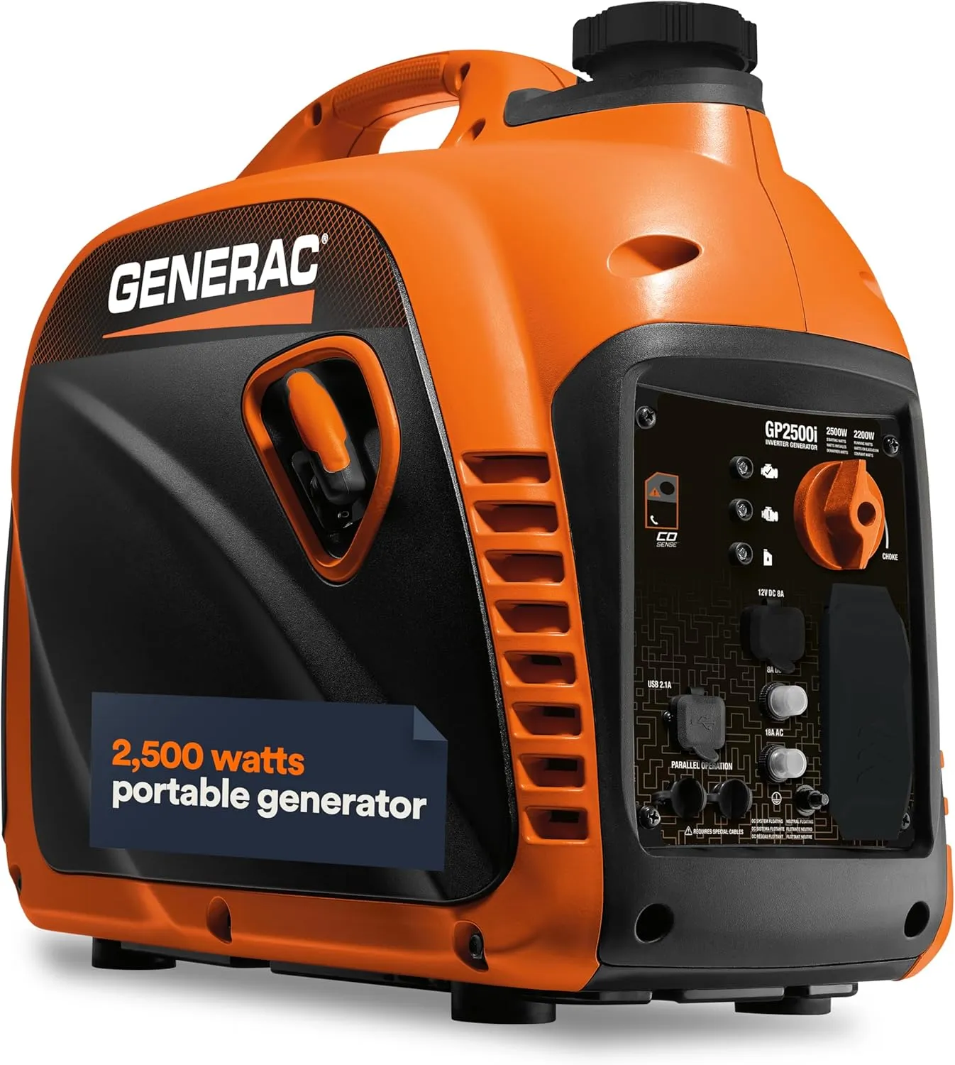 Generac 8250 GP2500i 2,500-Watt Gas Powered Portable Inverter Generator - Compact and Lightweight Design with Parallel Capability - Produces Clean, Stable Power - CARB Compliant - Orange/Black