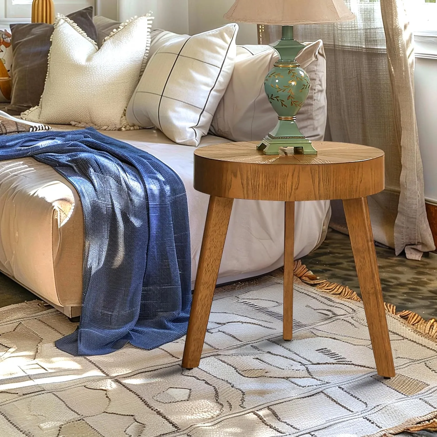 Gexpusm Round Wood End Tables for Living Room, Farmhouse Circle Side Table, Mid-Century Rustic Wooden Bedside Table Nightstand for Apartment, Easy Assembly (Only End Table, 16" Dx16 Wx18 H)