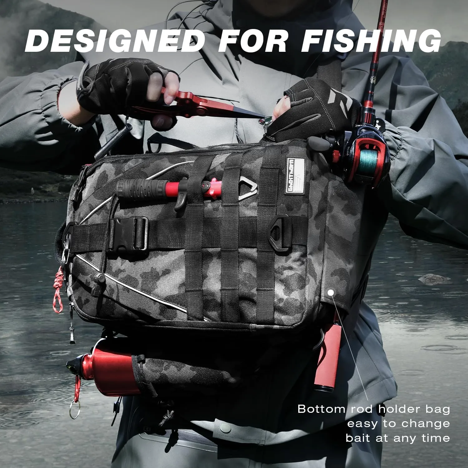 Ghosthorn Fishing Backpack with Rod Holder - Tackle Sling Bag - Fly Fishing Gifts for Men and Women
