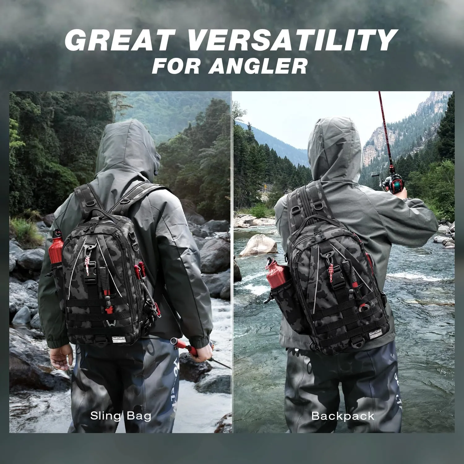 Ghosthorn Fishing Backpack with Rod Holder - Tackle Sling Bag - Fly Fishing Gifts for Men and Women