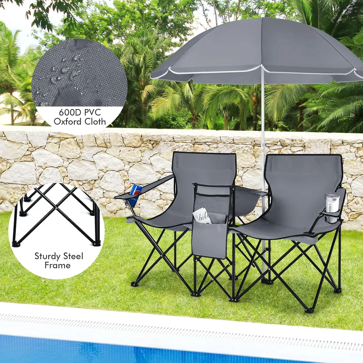 Giantex Double Camping Chair with Umbrella - Folding Picnic Loveseat with Carrying Bag, Cooler Bag, Table, Side Pocket & Cupholder, Portable Beach Chair for Camping, Picnic, Fishing, Beach