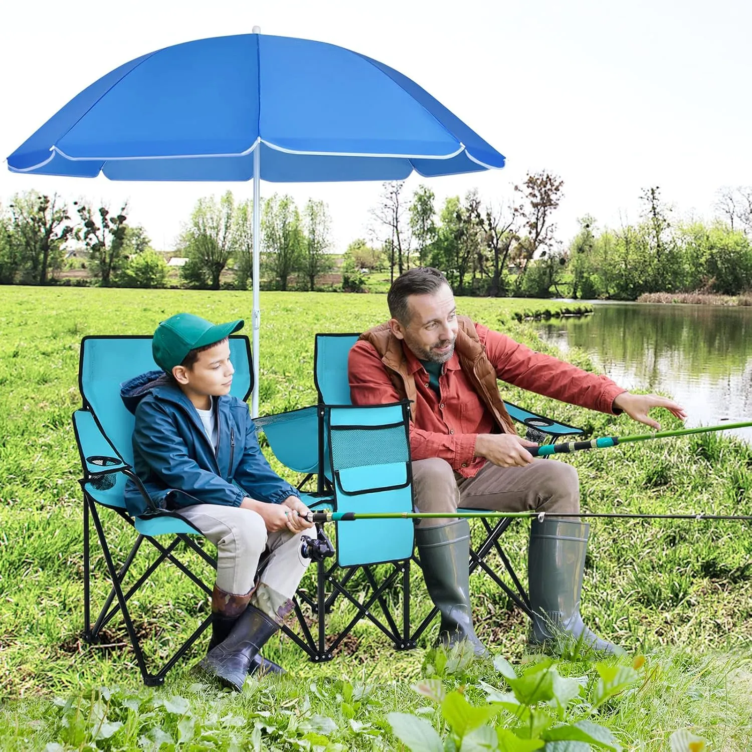 Giantex Double Camping Chair with Umbrella - Folding Picnic Loveseat with Carrying Bag, Cooler Bag, Table, Side Pocket & Cupholder, Portable Beach Chair for Camping, Picnic, Fishing, Beach