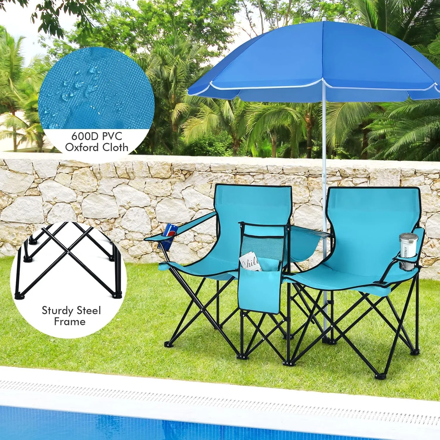 Giantex Double Camping Chair with Umbrella - Folding Picnic Loveseat with Carrying Bag, Cooler Bag, Table, Side Pocket & Cupholder, Portable Beach Chair for Camping, Picnic, Fishing, Beach