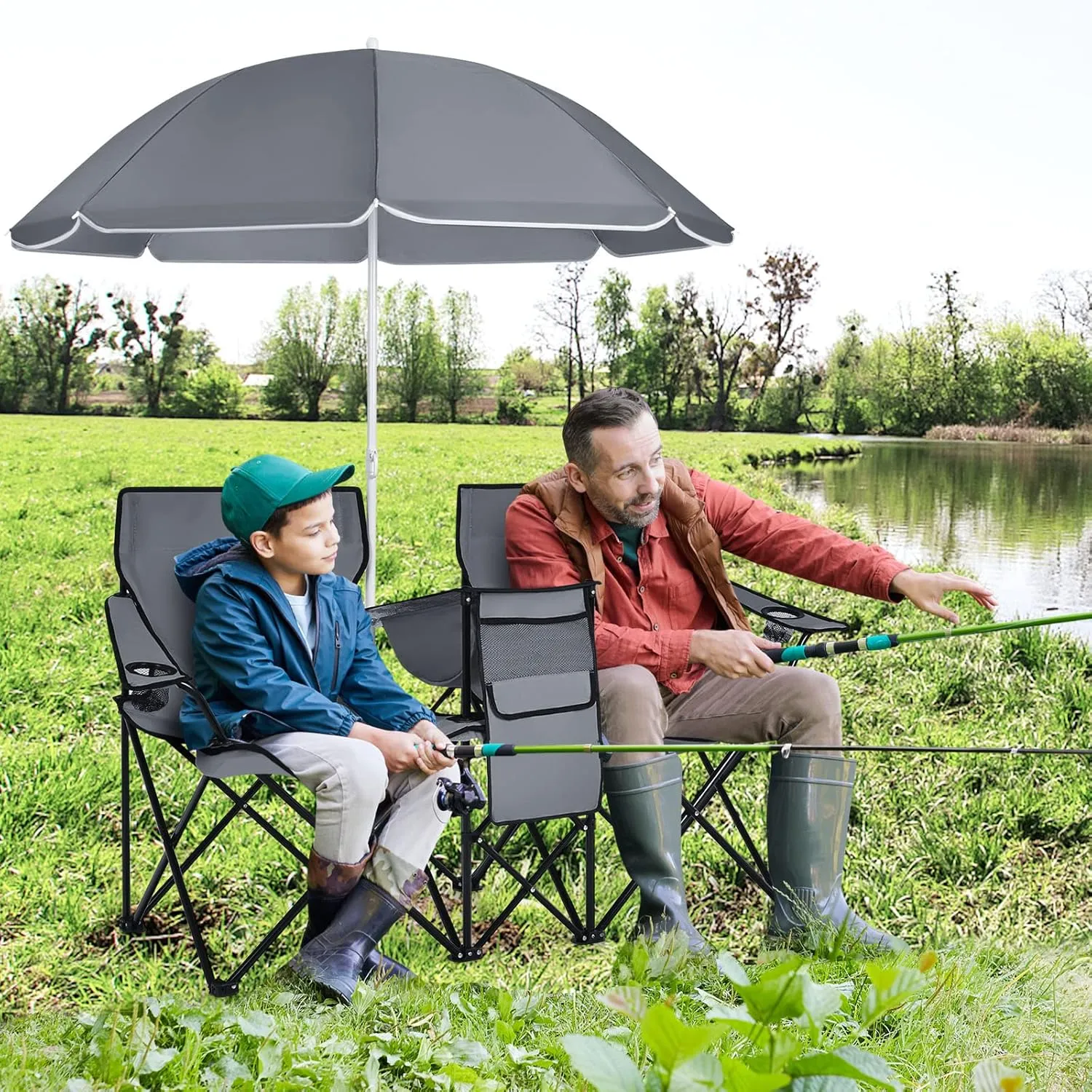 Giantex Double Camping Chair with Umbrella - Folding Picnic Loveseat with Carrying Bag, Cooler Bag, Table, Side Pocket & Cupholder, Portable Beach Chair for Camping, Picnic, Fishing, Beach
