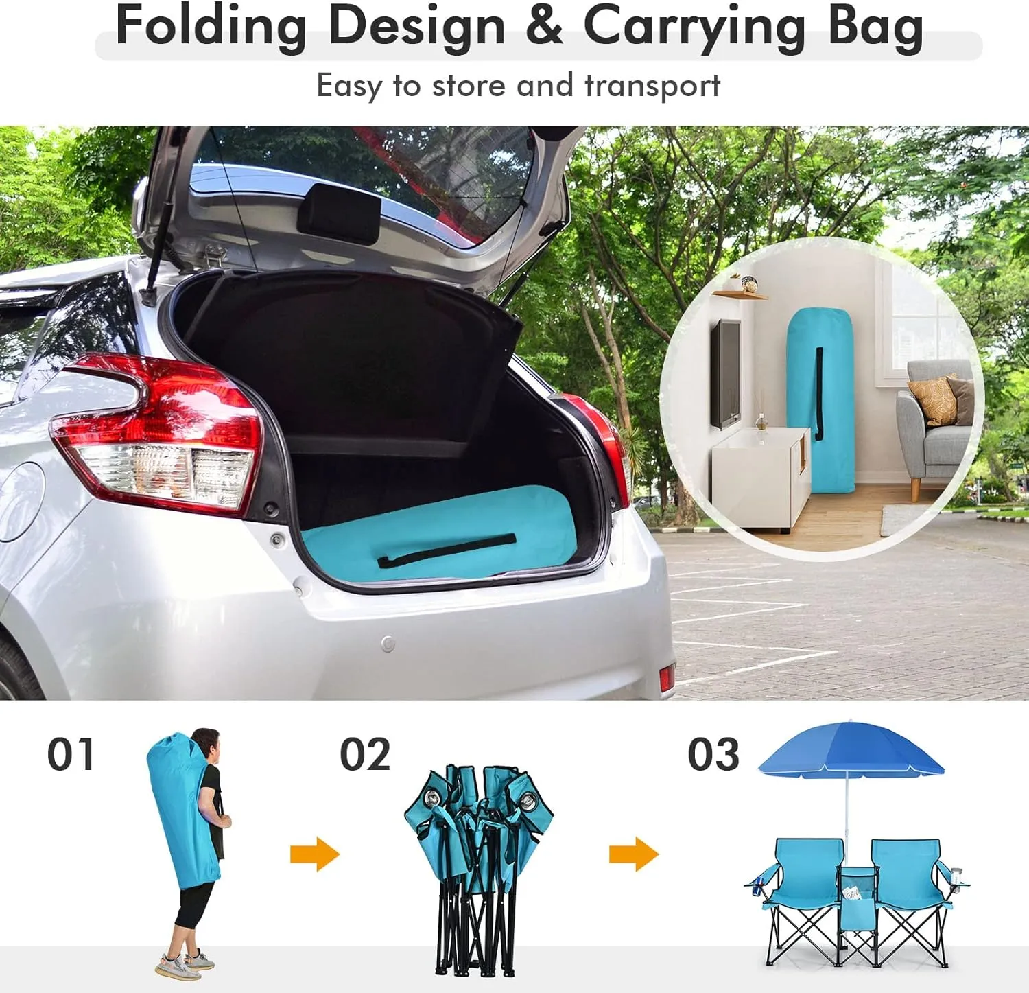 Giantex Double Camping Chair with Umbrella - Folding Picnic Loveseat with Carrying Bag, Cooler Bag, Table, Side Pocket & Cupholder, Portable Beach Chair for Camping, Picnic, Fishing, Beach
