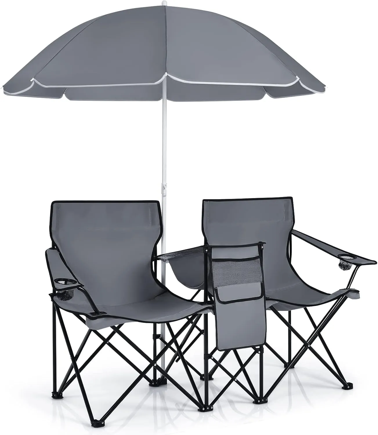 Giantex Double Camping Chair with Umbrella - Folding Picnic Loveseat with Carrying Bag, Cooler Bag, Table, Side Pocket & Cupholder, Portable Beach Chair for Camping, Picnic, Fishing, Beach