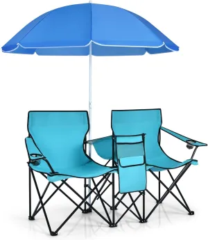 Giantex Double Camping Chair with Umbrella - Folding Picnic Loveseat with Carrying Bag, Cooler Bag, Table, Side Pocket & Cupholder, Portable Beach Chair for Camping, Picnic, Fishing, Beach