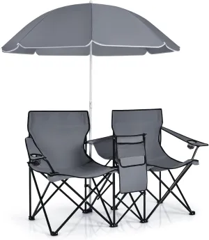 Giantex Double Camping Chair with Umbrella - Folding Picnic Loveseat with Carrying Bag, Cooler Bag, Table, Side Pocket & Cupholder, Portable Beach Chair for Camping, Picnic, Fishing, Beach
