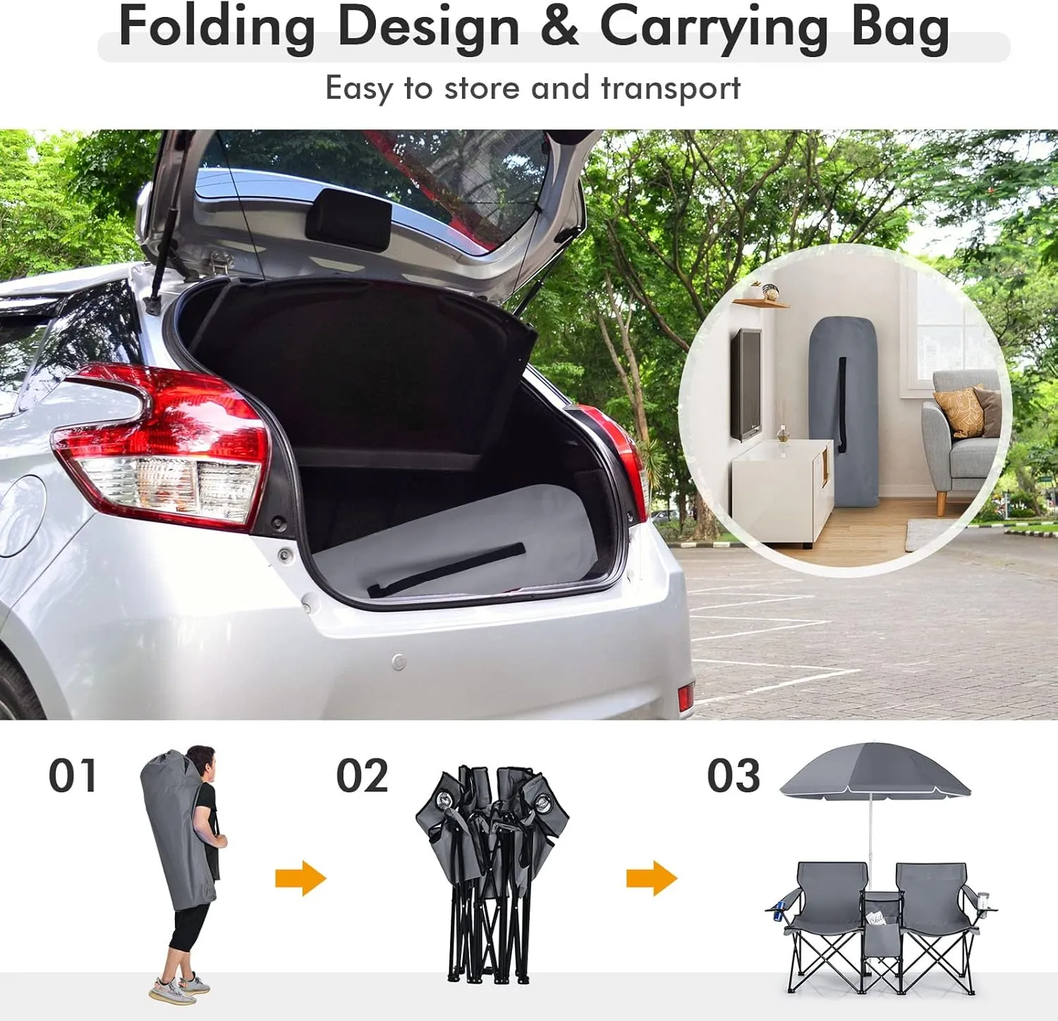 Giantex Double Camping Chair with Umbrella - Folding Picnic Loveseat with Carrying Bag, Cooler Bag, Table, Side Pocket & Cupholder, Portable Beach Chair for Camping, Picnic, Fishing, Beach