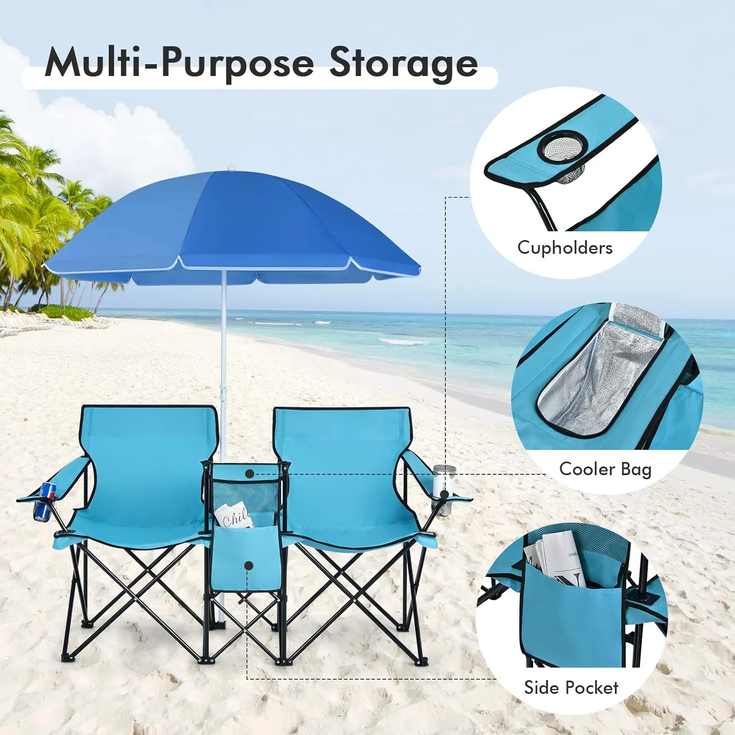 Giantex Double Camping Chair with Umbrella - Folding Picnic Loveseat with Carrying Bag, Cooler Bag, Table, Side Pocket & Cupholder, Portable Beach Chair for Camping, Picnic, Fishing, Beach