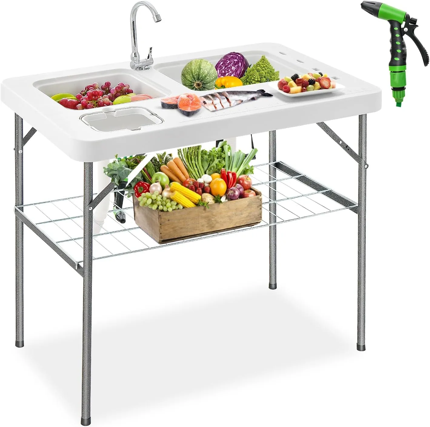 Giantex Fish Cleaning Table w/ 2 Sinks, Faucet, Hose Hook Up, Portable Folding Camping Table w/Measure Mark, Outdoor Fillet Cleaning Station for Fishing Beach Picnic (with Sprayer & Storage Shelf)
