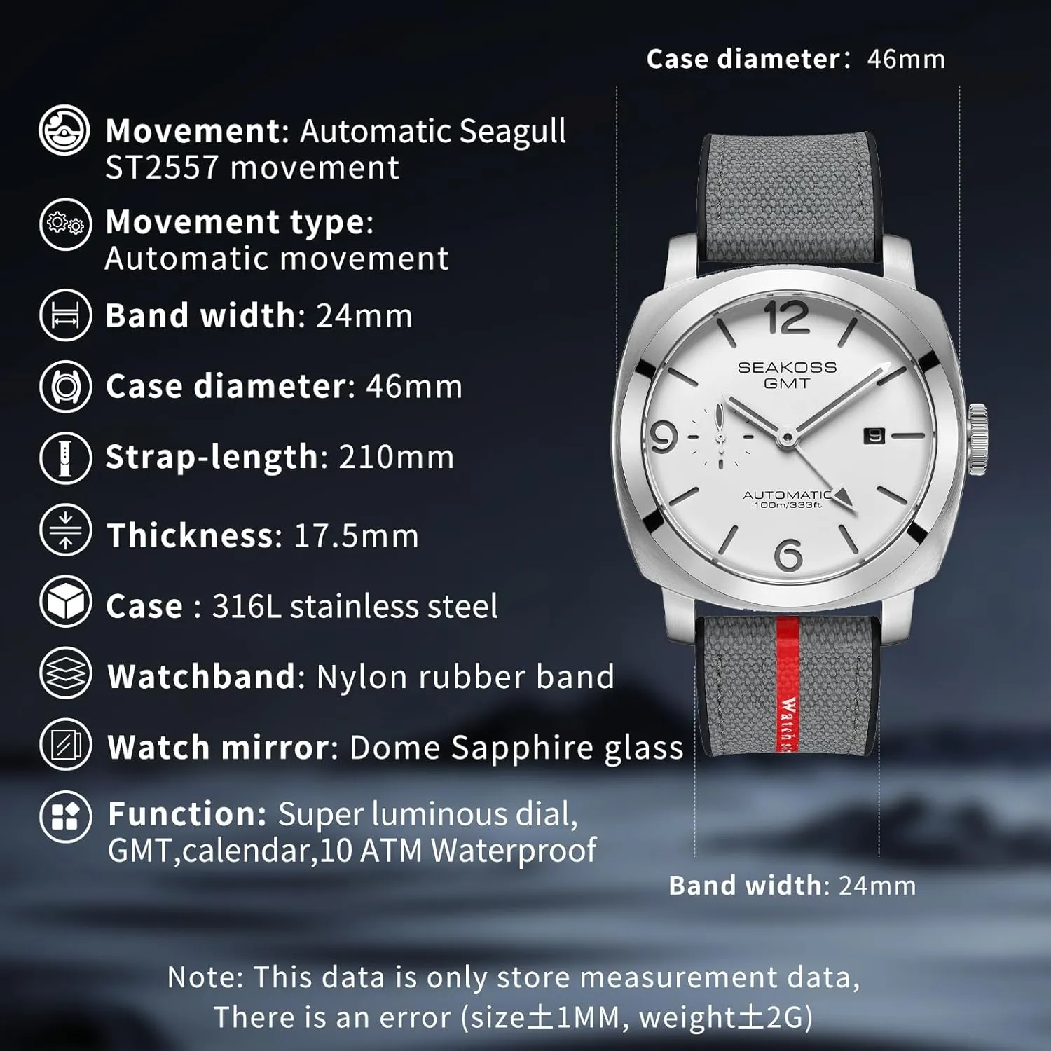 GMT Watches for Men Automatic 45MM Date 10ATM Waterproof Seagull ST2557 Movement Luminous Stainless Steel Sapphire Glass Mechanical Wristwatches S8441