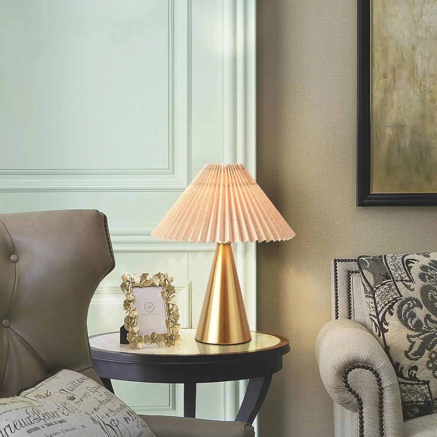Gold Small Table Lamp, Cute Table Lamp, Pleated Table Lamp,Brass Gold Bedroom Lamps for Nightstand, Small Scalloped Lamp Shade Table Lamps for Small Spaces for Bedroom,Living Room