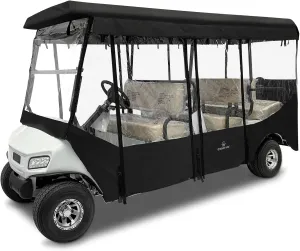 Golf Cart Enclosures 6 Passenger for Club Car Villager 6 Seater,Extended Roof Golf Cart Rain Cover,4 Side Roll up Clear PVC Window Upgraded Stronger Zipper Windproof Rainproof Driving Enclosure(Black)