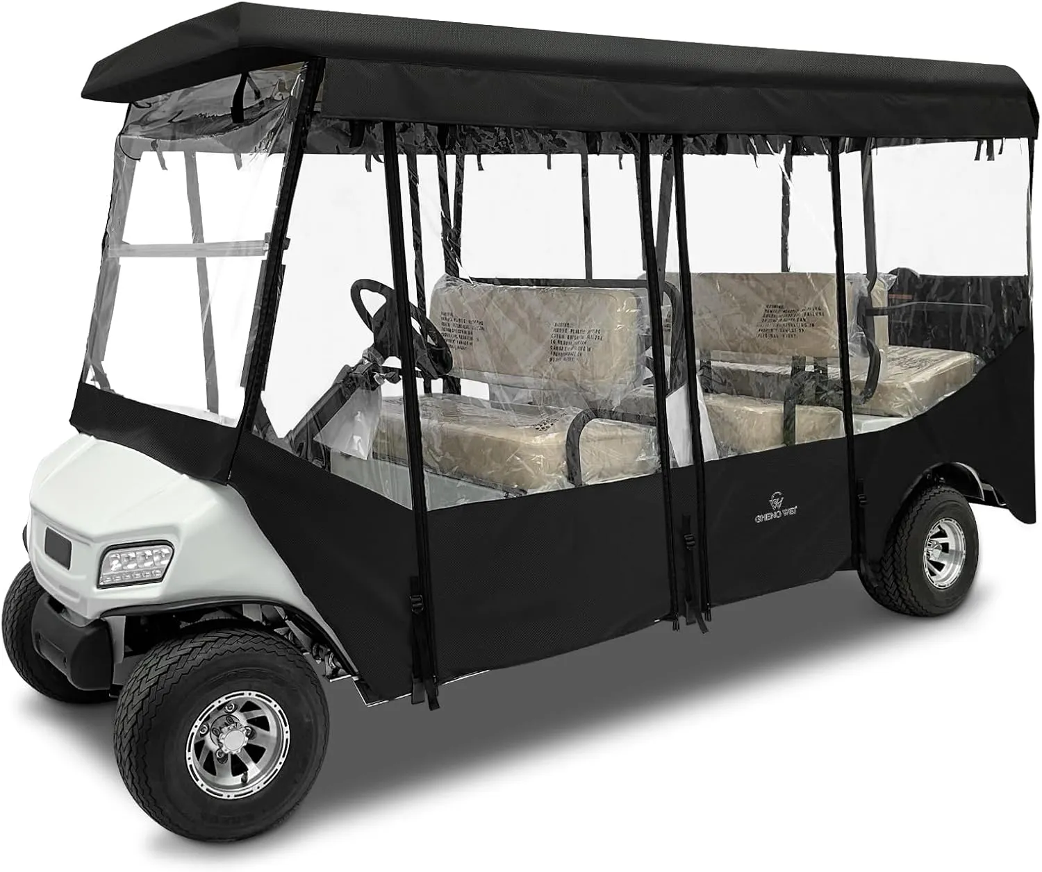 Golf Cart Enclosures 6 Passenger for Club Car Villager 6 Seater,Extended Roof Golf Cart Rain Cover,4 Side Roll up Clear PVC Window Upgraded Stronger Zipper Windproof Rainproof Driving Enclosure(Black)