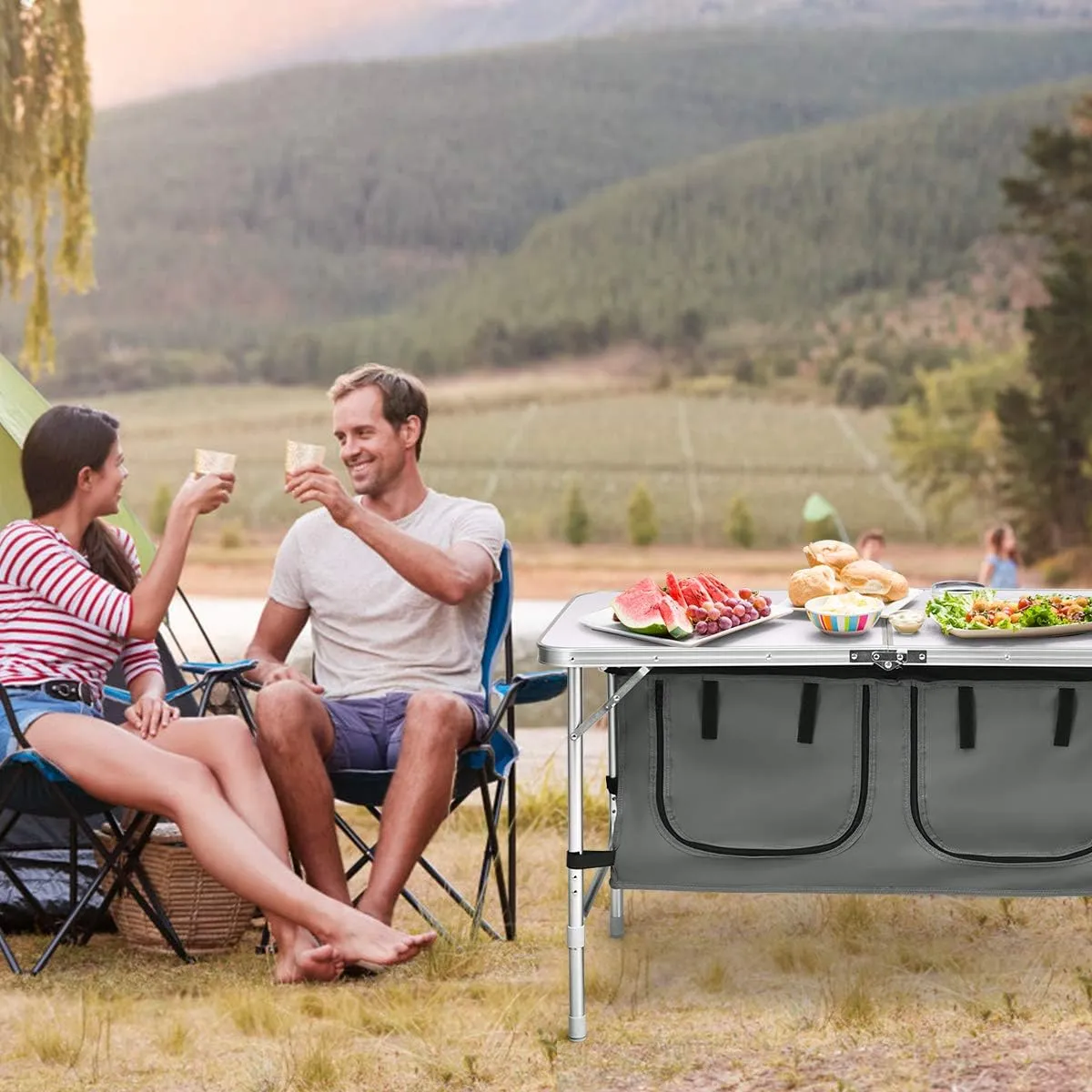 Goplus Folding Camping Table with Storage, Aluminum Outdoor Camp Table with 2-Level Adjustable Height, Lightweight Portable Foldable Picnic Table for Tailgating Beach BBQ Party RV
