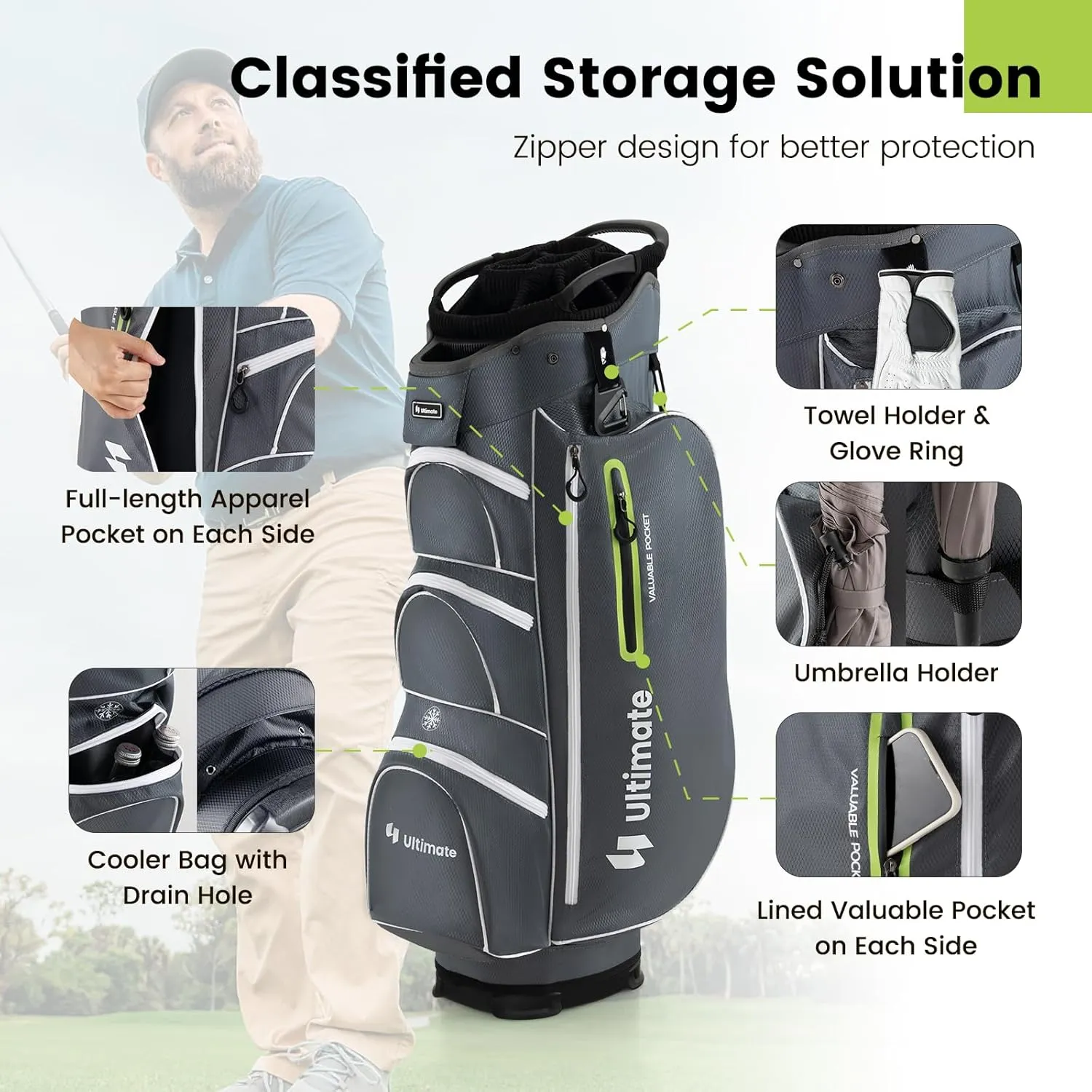 Goplus Golf Cart Bag with 15-Way Top Dividers, Golf Club Bag with 7 Zippered Pockets, Cooler Bag, Rain Hood, Umbrella Holder, Shoulder Strap, Lightweight Golf Bag for Men Women