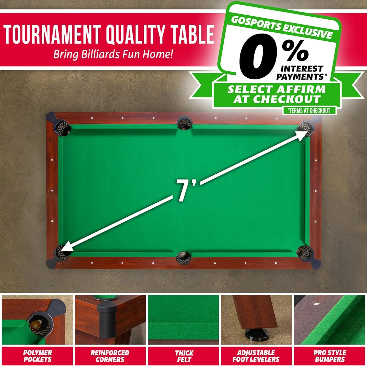 GoSports 7 ft Pool Tables with Wood Finish - Gray or Green Felt - Billiards Game Room Table for Adults & Family - Accessories Not Included