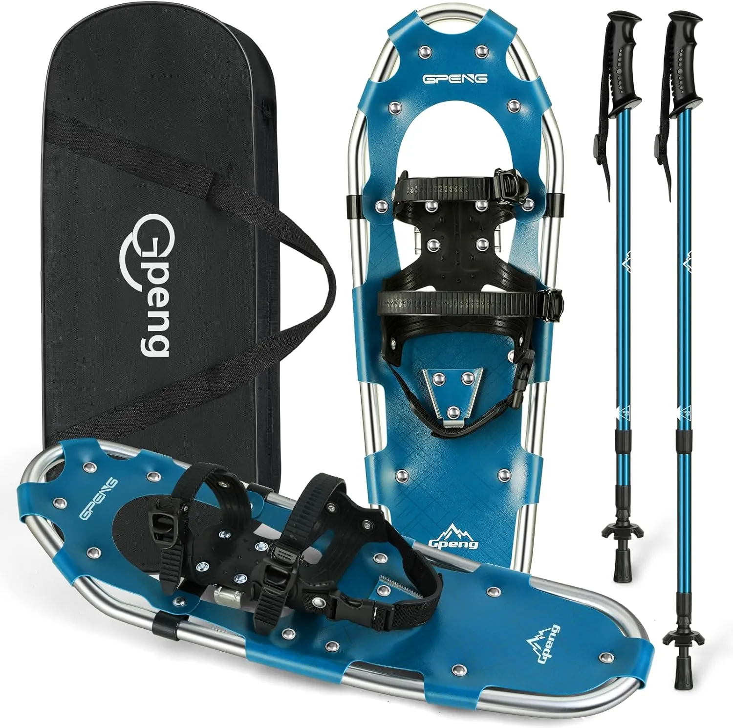 Gpeng Snowshoes for Men Women Youth Kids, Light Weight Aluminum Snow Shoes with Trekking Poles, Crampon Protector and Carrying Tote Bag (Navy Blue, 21 inch)