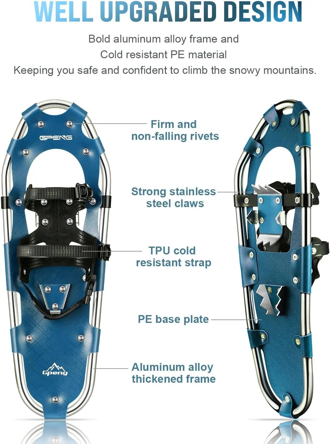 Gpeng Snowshoes for Men Women Youth Kids, Light Weight Aluminum Snow Shoes with Trekking Poles, Crampon Protector and Carrying Tote Bag (Navy Blue, 21 inch)