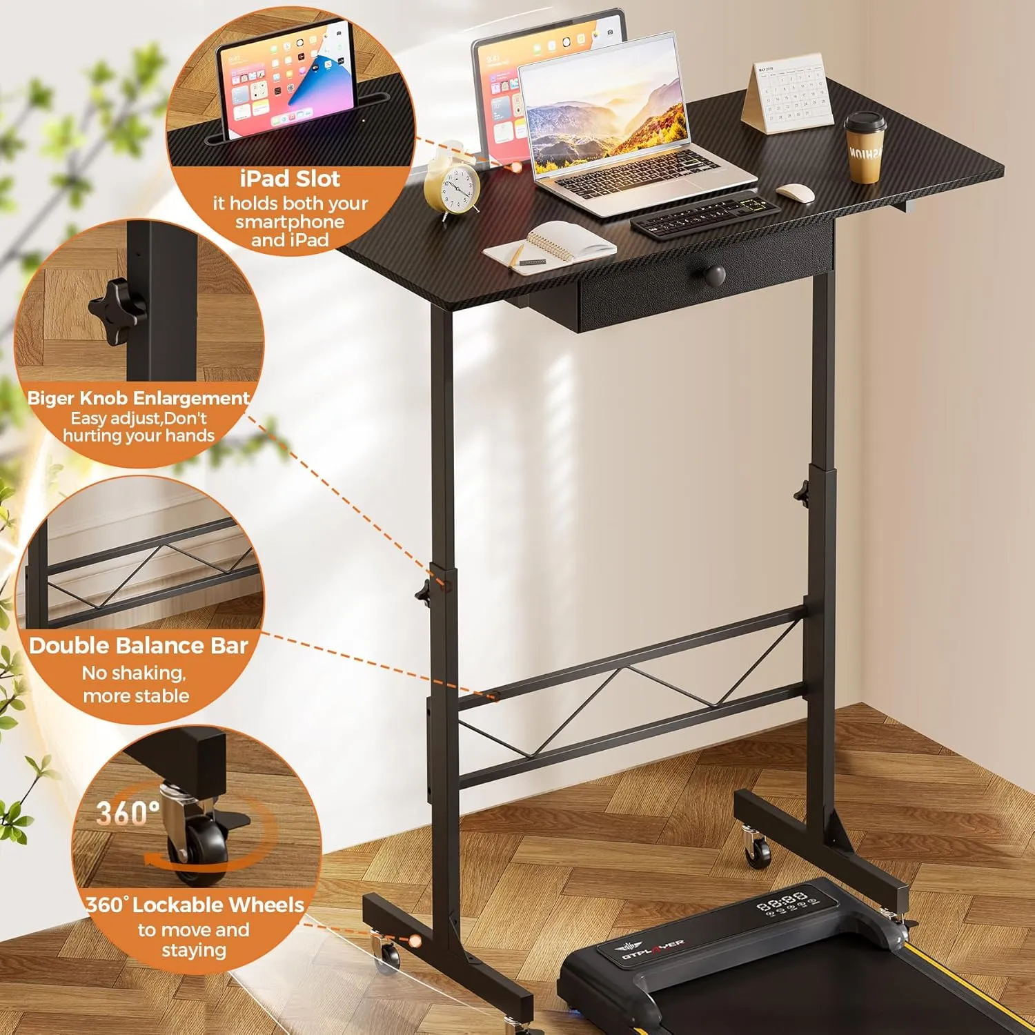 GTRACING Small Standing Desk Adjustable Height Small Computer Desk Mobile Portable Rolling Laptop Table with Wheels 32" Computer Workstation Sit Stand Desks Portable Standing Table Treadmill desks