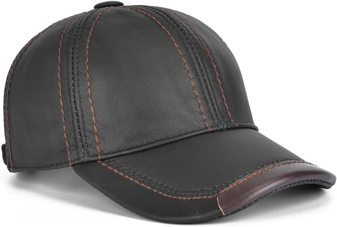 Gudessly Adjustable Men's Genuine Cowhide Leather Baseball Cap for Fall Winter Outdoor Sports Hat