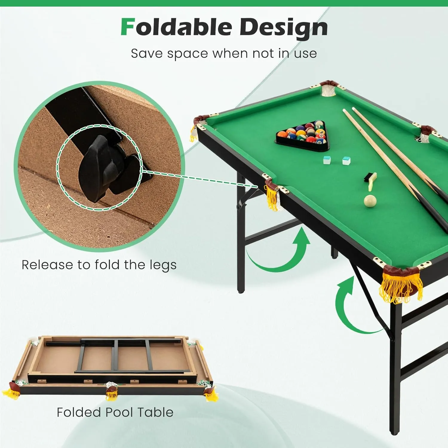 GYMAX Pool Table, 48’’ Foldable Billiard Tables with Balls, 2 Cue Sticks, Chalks and Brush, Mini Pool Table for Kids, Family, Party