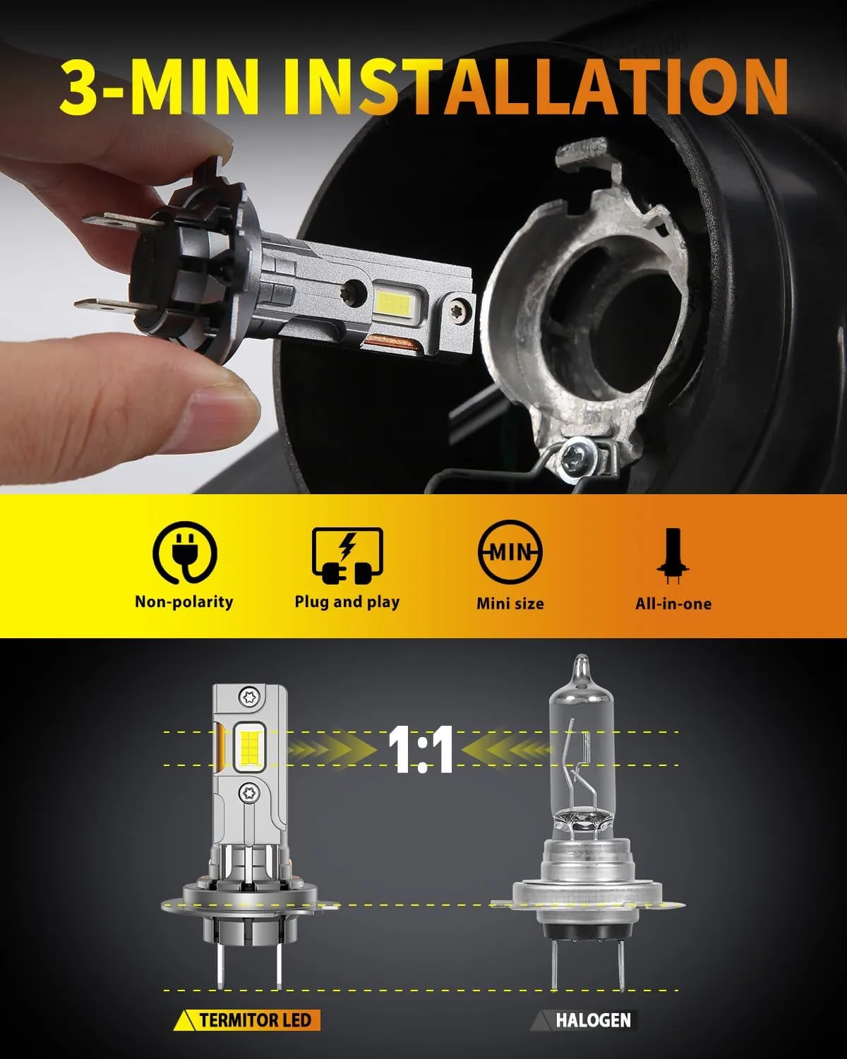 H7/H7LL Light Bulbs, 30000LM 800% Ultra-Brightness, Real 1:1 Halogen Mini Size, 10-Year Extended Lifespan, 6500K White Illumination for Automotive Fog Lights, Plug and Play, Pack of 2