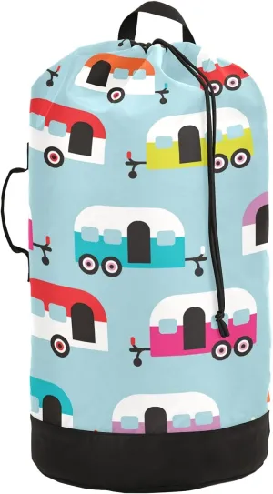 Happy Camper Caravan Laundry Backpack Bag with Drawstring Closure Waterproof Laundry Bag Laundry Hamper Clothes Storage for College Travel Laundromat Apartment
